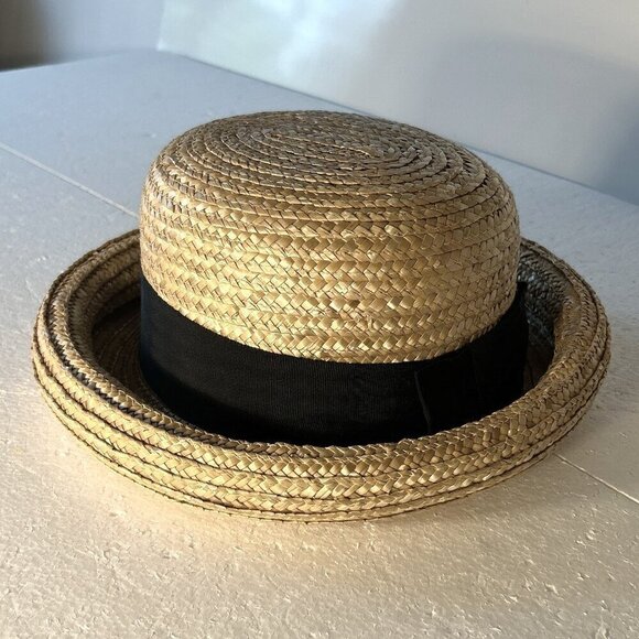 Bowler Style Straw Hat Black Ribbon 22.5" classic French vintage cottage core - Picture 7 of 8
